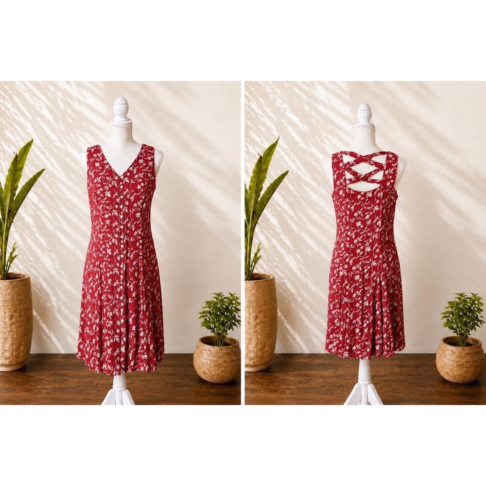 Vintage 90s Basic Editions Red Floral Midi Dress Women’s Medium